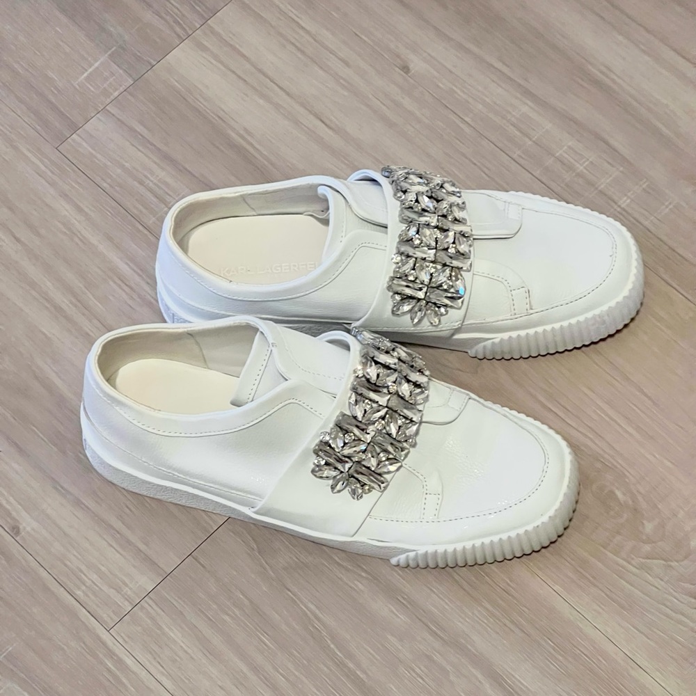 Karl Lagerfeld Paris Women`s Jules G21 Embellished White Sneakers Size 8.5M